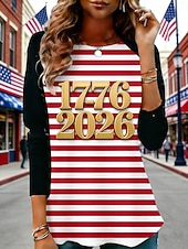  День независимости США Жен. Футболка С принтом Графика Полоски Мода Стиль Классика Длинный рукав Вырез под горло Обычные топы Повседневные выходные Одежда для отпуска Красный Весна Осень