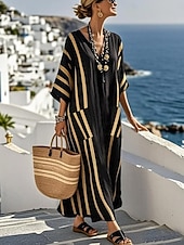 preiswerte Streifen- und geometrische Kleider-Damen Maxikleid Leinenähnlich Atmungsaktiv Leicht Strandkleid A-Linie Kleid Urlaub Lässig Boho Strand Ausgehen Lockerer Sitz Grafik Geometrisch Langarm V-Ausschnitt Blau Schwarz Weiß Sommer Frühling