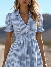 economico Abiti Falsi Essenziali-Per donna Abito Midi Finto cotone e lino Abito a trapezio Casual Quotidiano Vestibilità regolare Plaid Manica Corta Bavero Blu Estate Primavera Autunno