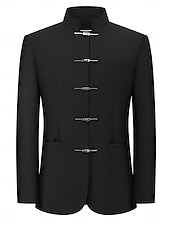 abordables Blazers Clásicos para Hombres-Hombre Chaqueta americana Casual Diario Exterior Moda Estilo Chino Primavera Todas las Temporadas POLY Color sólido Minimalista Moda Botonadura Simple Frente abotonado Chaqueta de sport Negro