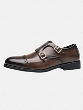 baratos Sapatos de monge-Sapatos sociais masculinos de couro sintético marrom com tira dupla de monge e detalhes brogue, estilo clássico para casamento, uso formal e empresarial