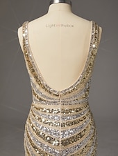 お買い得  シースイブニングドレス-タイト／コラム スイープ／ブラシトレーン フロア丈 ウェディングゲストドレス フォーマルドレス イブニングガウン イブニングドレス エレガント きらびやかな セレブスタイル ノースリーブ Ｖネック パーティー 結婚式 バックレス ととも​​に グリッター素材 スパンコール スリット