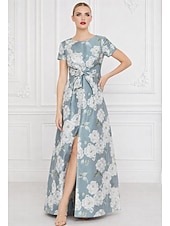 cheap A-Line Evening Dresses-A-Line Floor Length Evening Gown Formal Dress Elegant Floral Silky Short Sleeve Crew Neck Garden Party Wedding Pocket Satin with Floral Print Bow(s) Strappy