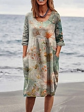 tanie Biała sukienka-Damskie Sukienka midi Sukienka letnia Letnie sukienki Urlop Codzienny Boho Codzienny Święto Regularny Graficzny Geometryczny Rękaw 1/2 Półgolf Zielony Beżowy Lato Wiosna