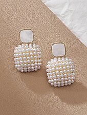 cheap Wedding Accessories-Women's Faux Pearl Square Drop Earrings, Elegant Geometric Statement Jewelry for Weddings, Evening Dinner Parties, and Formal Events, Classic Bridal Accessory Gift