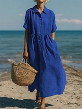 abordables Vestidos-Mujer Vestido Midi Vestidos con tacto de lino Vestido de Camisa Vestido Kaftan Moda Moderno Diario Exterior Vacaciones Ajuste regular Plano Manga Corta Cuello Camisero Azul Piscina Negro Blanco Verde