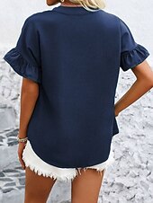preiswerte Schicke Blusen-Damen Hemd Bluse Patchwork Knöpfe Einfach Vintage Stilvoll Lässig Kurzarm Stehkragen Normale Oberteile Täglich Ferien Ausgehen Denim Blue Schwarz Gelb Wein Marineblau Sommer Frühling