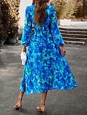 economico Abiti floreali-Per donna Abito Midi Abito a trapezio Vacanza Casual All'aperto Uscire Vestibilità regolare Floreale Manica Lunga Scollo a V Blu Verde Albicocca Estate Primavera Autunno