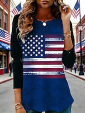 tanie Dzień Niepodległości Top-Damskie Podkoszulek Koszulka Nadruk Graficzny Flaga Ameryki Moda Elegancki Klasyczny Długi rękaw Półgolf Zwykłe topy Codzienny Weekend Ubrania wakacyjne Niebieski Wiosna Jesień