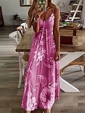 abordables Robes Floraux Imprimés-Femmes Robe Maxi Robe Décontractée Robe Nuisette Mode Basique Moderne Quotidien Extérieur Plage Coupe régulière Fleuri Sans manches Col en V Bleu Rose Claire Violet Vert Été Printemps