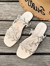 cheap Slide Sandals-Women's Glod Flat Sandals with Rhinestone Leaf Straps – Elegant Bohemian Style, Comfortable Slip-On Slides for Summer Beach Vacations and Tropical Resorts