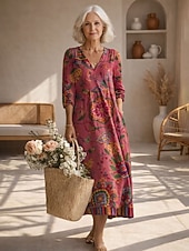 economico Abiti Boho-Abito Midi da Donna in Lino Leggero e Traspirante Vestito da Sole Abito Shift Casual Festa Vacanza Vestibilità Regolare Grafica Paisley Maniche Lunghe Collo a V Blu Rosa Rosso Verde Estate Primavera