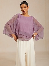  Damen Bluse Chiffon Tops Plissiert Geschichtet Metallisch Elegant Dreiviertelarm Glockenärmel Rundhalsausschnitt Täglich Hochzeitsgast Violett Sommer Frühling Herbst