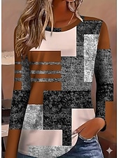 preiswerte Streifen- und geometrisches T-Shirt-Damen T Shirt Druck Grafik Geometrisch Mode Lässig Langarm Rundhalsausschnitt Normale Oberteile Täglich Blau Rosa Rote Leicht Braun Sommer Frühling Herbst Winter