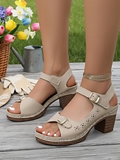 cheap Women-Women's Red Block Heel Open-Toe Sandals – Vintage-Inspired Buckle Strap Comfort Heels for Resort Dinners, Vacation Parties, Summer Events, City Walks &amp; Holiday Outfits