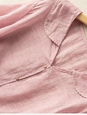 billige Enkle bluser-Damer Lin Lignende Fausk Sød Bomull Linned Skjorter Knapper Enfarget Daglig Basis Uformell Halv Ermet Skjorte Krage Regelmessige Topper Daglig Blå Hvit Rosa Oransje Grønn Sommer Vår Høst
