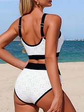 رخيصةأون أطقم البيكيني-نسائي ملابس السباحة بيكيني 2 قطعة عالي الخصر ملابس السباحة ضعيف بدون ظهر العطلة ملابس الشاطئ لون الصلبة منقط رقبة سكوب بدون كم بدلة سباحة