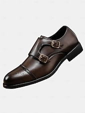 baratos Sapatos de monge-Sapatos sociais masculinos de couro sintético marrom com tira dupla de monge e detalhes brogue, estilo clássico para casamento, uso formal e empresarial
