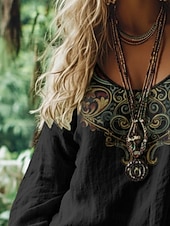 abordables T-shirt Boho-Mujer Camiseta bohemia Camiseta Camiseta superior Estampado Floral Vintage Étnico Casual Manga Larga Escote en Pico Tops regulares Diario Fin de semana Ropa de vacaciones Negro Rosa Primavera Otoño