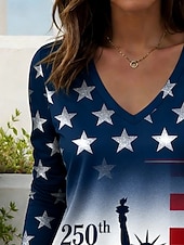 cheap Independence Day Top-American Independence Day Women's T Shirt Tee Top Print Graphic American Flag Stylish Classic Casual Long Sleeve V Neck Regular Tops Daily Going out Weekend Blue Navy Blue Summer Spring Fall