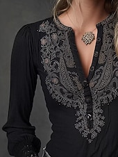 economico Bluse Floreali-Per donna Camicia Blusa Bottoni Floreale Vintage Elegante Classico Manica Lunga Scollo a V Top Regolari Quotidiano Ferie Uscire Nero Estate Primavera Autunno