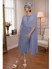 voordelige Thee Lengte-Trompet zeemeermin Over de knie Cocktail jurk Bruiloft gast jurk Baljurk met cape Elegant Semi-formele jurken Casual / Overdag Bruiloft Halve mouw V-hals Formeel Cocktailparty Chiffon Kant met Kant