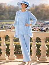 billige Mammas buksedresser-3-delt buksedress gulvlang mor til bruden kjole langermet rund hals elegant formell brudgjest med perler