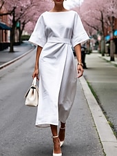 voordelige Eenvoudige jurk-Dames Halflange jurk Werk Jurk Wikkeljurk Elegant Modieus Modern Buiten Vakantie Uitgaan Normale pasvorm Ruim Passend Effen Korte mouw Strakke ronde hals Boothals Zwart Wit Khaki Donkerblauw Zomer