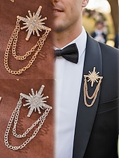 baratos Casamento ACC-Broche masculino em liga de ouro e prata com design elegante e vintage, com cristal em formato de estrela e corrente dupla. Ideal para noivos, casamentos, Dia dos Namorados, festas formais e eventos noturnos.