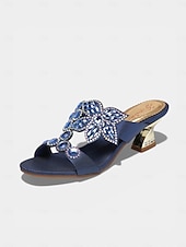 economico Madre della Sposa/Sposo-mules da donna con tacco a blocco blu navy decorato, eleganti scarpe da sera vintage per la madre della sposa, matrimonio rustico in un fienile