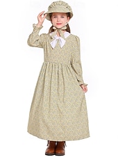  250e anniversaire des États-Unis Période coloniale 19ème siècle Robe Prairie Ensemble bonnet et tablier Manches longues Fille pionnière Epoque Coloniale Guerre d'indépendance américaine Fleuri