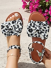 abordables Mujeres-Sandalias planas con lazo y tira en el tobillo con estampado de leopardo para mujer: estilo elegante de isla tropical, cómodas sandalias con estampado animal para cruceros de lujo y vacaciones en