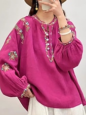 cheap Plain Blouses-Women's Cotton Linen Shirts Faux Cotton Linen Embroidered Floral Basic Casual Long Sleeve Crew Neck Regular Tops Daily Pink Fuchsia Green Beige Summer Spring Fall