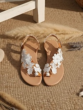 tanie Panna młoda-damskie białe koronkowe sandały ślubne z kwiatowym wzorem – ręcznie robione płaskie sandały ślubne na plażę i wesela w stylu boho