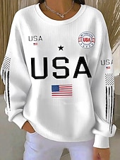  Unabhängigkeitstag Patriotisches Damen Texturiertes Pullover Sweatshirt Pullover Grafik Buchstaben Legere Langarm Crew Neck Reguläre Tops Legere Zuhause Straße Weiß Frühling Herbst