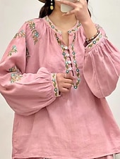 cheap Plain Blouses-Women's Cotton Linen Shirts Faux Cotton Linen Embroidered Floral Basic Casual Long Sleeve Crew Neck Regular Tops Daily Pink Fuchsia Green Beige Summer Spring Fall
