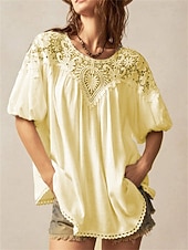 abordables Tops de Encaje-Mujer Tops de verano Blusa Tops de encaje Frunce Encaje Retazos Plano Elegante Tropical damas Manga Corta Manga de la linterna Cuello Barco Tops regulares Diario Trabajo Festivos Blanco Amarillo Rojo