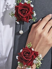 cheap Wedding Accessories-Women's Bridesmaid and Groomsman Corsage and Boutonniere Set, Available in Multiple Colors, Polyester Material, Perfect for Weddings and Parties