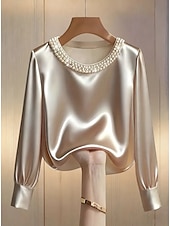 baratos Blusas Elegantes-Mulheres Blusa Com Miçangas Côr Sólida Elegante à moda Manga Longa Gola Redonda Tops regulares Diário Trabalho Preto Branco Verde Damasco Primavera Outono
