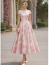 cheap Cocktail Dresses-A-Line Tea Length Cocktail Dresses Wedding Guest Dresses Elegant Short Sleeve Boat Neck Garden Party Formal Satin Lace with Floral Print Pleats Ruched