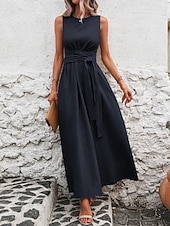 tanie Biała sukienka-Damskie Sukienka maxi Sukienka A line Urlop Codzienny Na zewnątrz Wyjściowe Luźny / a Jednokolorowe Bez rękawów Wycięcie pod szyją Granatowy Czarny Czerwony Zielony Lato Wiosna