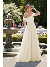  فساتين زفاف A-الخط دون الكتف بدون كم ذيل مثل الفرشاة ساتان فساتين الزفاف مع روش لون صلب