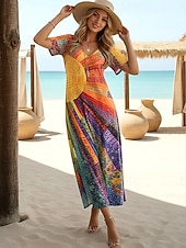 preiswerte Kunst &amp; Design Kleider-Damen Midikleid A Linie Kleid Lässig Täglich Normale Passform Blumen Abstrakt Kurzarm V Ausschnitt Schwarz Weiß Leicht Braun Orange Sommer Frühling