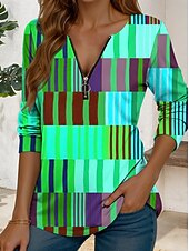 preiswerte Streifen- und geometrisches T-Shirt-Damen T Shirt Reißverschluss Druck Grafik Geometrisch Vintage Stilvoll Lässig Langarm Rundhalsausschnitt Normale Oberteile Täglich Blau Purpur Orange Grün Sommer Frühling