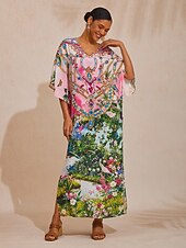 お買い得  プリントカジュアルドレス-ピンクのジャングルパーティー風、流れるようなシフォン素材のダイヤモンド柄マキシドレス