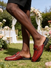 billiga Loafers-Röda slip-on loafers för män, krokodilpräglad ovandel, rygglös mule-design, elegant smart casual-stil för strandbröllop, trädgårdsceremonier och sommarevenemang