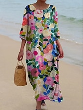 Χαμηλού Κόστους Floral φορέματα-Γυναικείο Μακρύ Φόρεμα Λινάρι Τόσο Αναπνεύσιμη Ελαφριά Σαλοπέτα Άμεσου Στυλ Καλοκαιρινό Φόρεμα Διακοπών Καθημερινό Μποχό Παραλία Διακοπές 3/4 Μανίκι Λαιμός Φαρέτρα