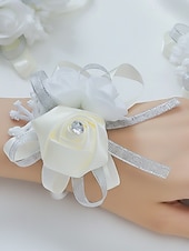 abordables Boda ACC-Ramillete de muñeca de rosas para mujer, flor de cinta de poliéster con pulsera elástica de perlas falsas, varios colores, accesorio elegante para damas de honor y novias para bodas, bailes de graduación y eventos formales.