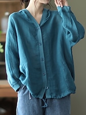 abordables Blouses Unies-Femmes Chemises en coton et lin Boutons Couleur Unie ancien Basique Occasionnel manche longue À capuche Hauts Réguliers Quotidien Bleu Blanche Rouge Abricot Été Printemps Automne