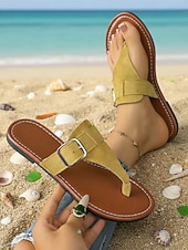 Χαμηλού Κόστους Γυναίκες-Women's Yellow Buckle Slide Sandals – Lightweight Flat Slippers for Beach Walking, Poolside Lounging, Cruise Travel, Resort Holidays &amp; Everyday Comfort